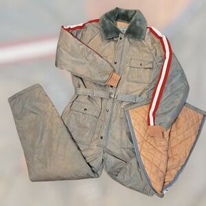 VTG Outdoor Exchange Men M Snowmobile Suit Coveralls Tan Stripe Belted Korea 90s